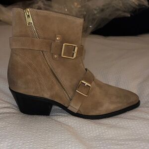 NEW! All Saints Tan Suede Ankle Boots with Gold Buckles Size 40